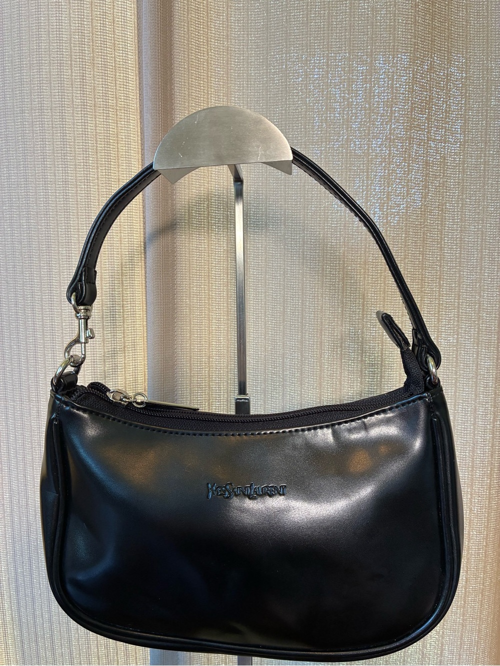 Yves Saint Laurent Black Leather Shoulder Bag with Silver Hardware
